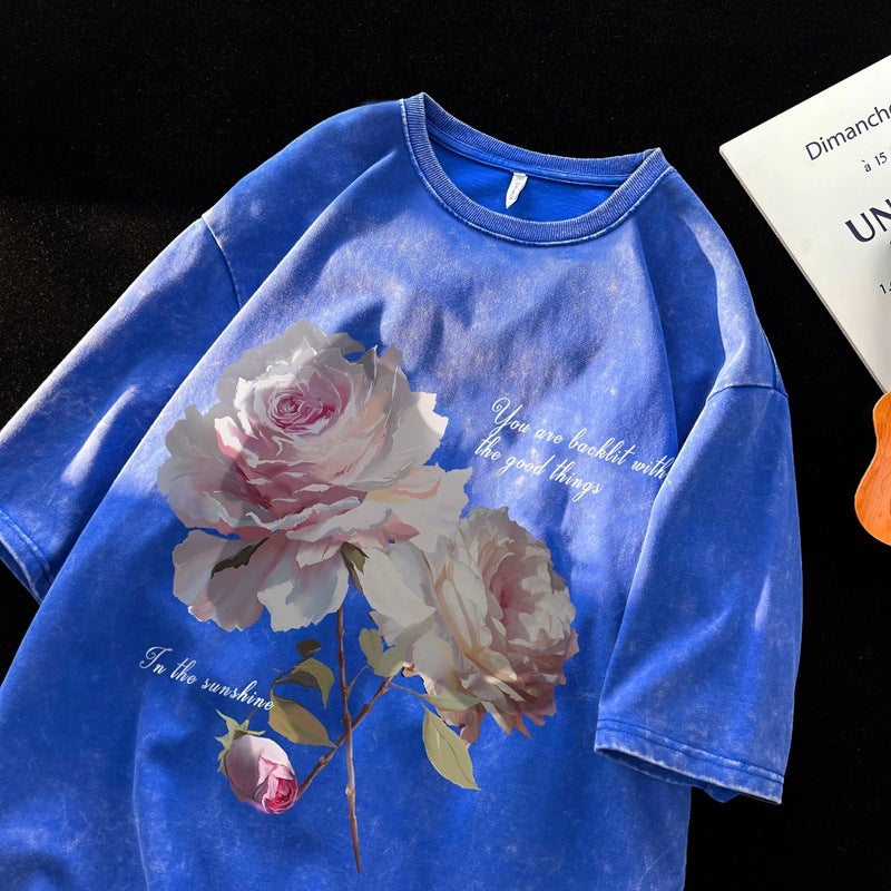 American Retro Rose Short-Sleeved T-Shirt Men'S Summer Heavy 230G Fashion Brand Oversize Plus Size Distressed T-Shirt - Image 5