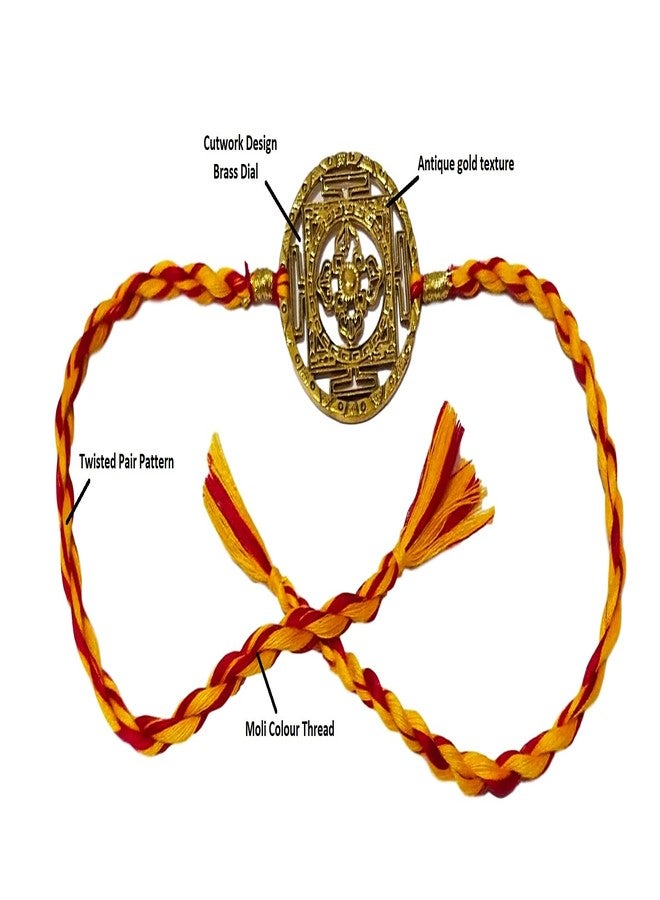 athizay Brass Rakhi for Brothers moli Cotton Thread Cutwork Antique Golden dial Having Chakra Inspired for Bhaiya Rakhis Rakshabandhan tie The Knot with Love - Image 3