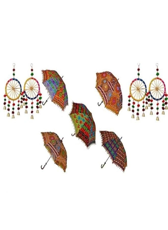 Homenique Pack of 5 Wedding Umbrella with 4 Colourful Hanging Chakhri Decor | Traditional Haldi Mehendi Sangeet Decoration Umbrella | Ethnic Party Backdrop Prop - Image 2