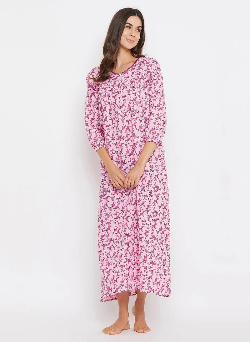 Clovia Clovia Feeding Print Me Pretty Long Nighty in Light Pink - 100% Cotton