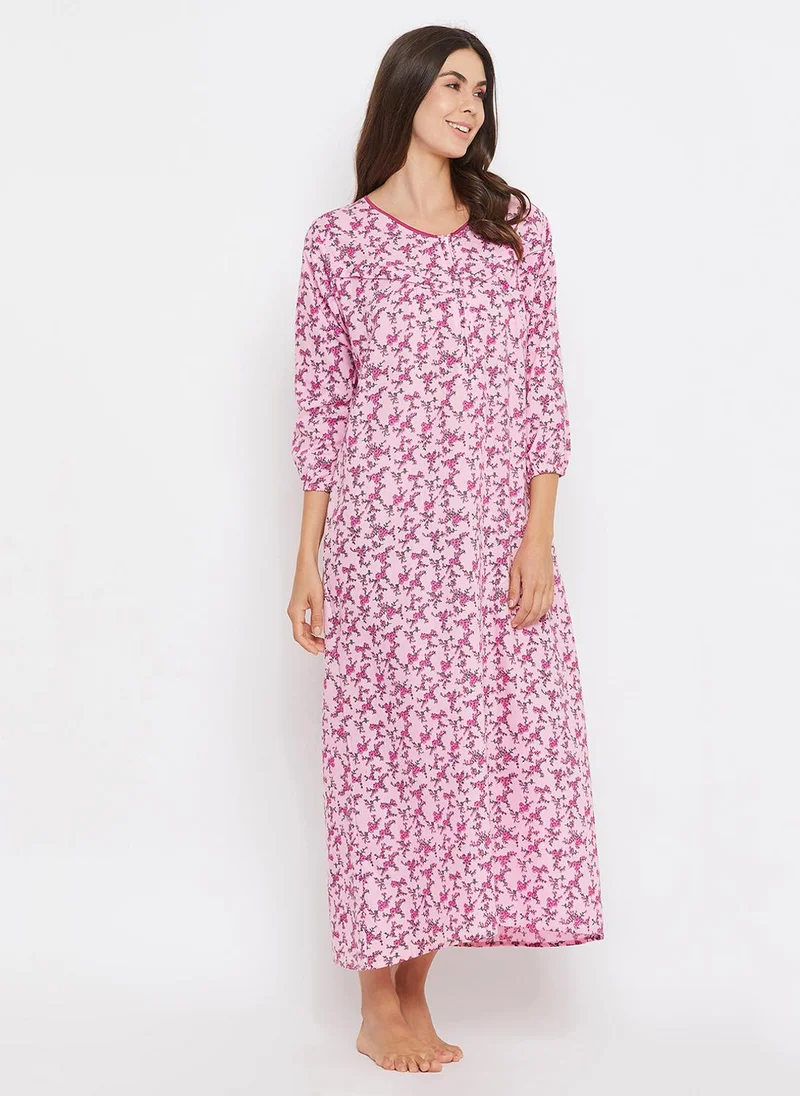 Clovia Clovia Feeding Print Me Pretty Long Nighty in Light Pink - 100% Cotton