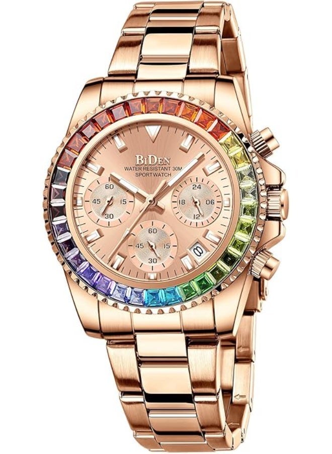 BIDEN Women Colorful Diamond Watches Chronograph Rotatable Bezel Mineral Glass Luminous Watch Stainless Steel Waterproof Date Analog Quartz Watch Fashion Business Dress Wristwatch - Image 1