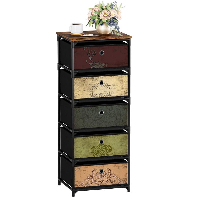 VASICAR Storage Unit with 5 Drawers, Fabric Nightstand, Clothes Organizer, Craft Storage Chest, Small Pattern Dresser for Bedroom, Living Room, Closet, Entryway, Hallway, Nursery, Dorm-Wood Top - Image 1