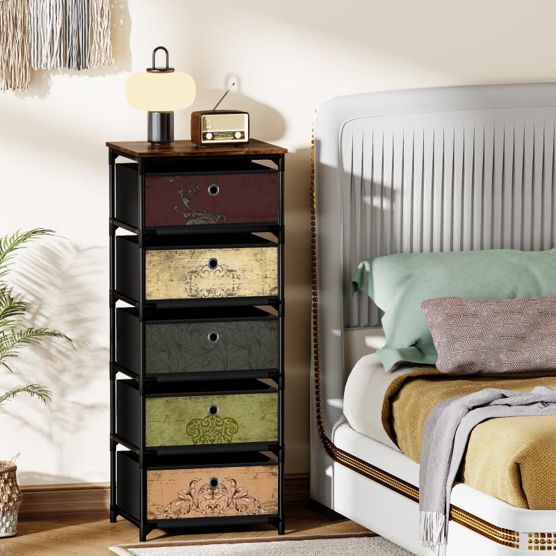 VASICAR Storage Unit with 5 Drawers, Fabric Nightstand, Clothes Organizer, Craft Storage Chest, Small Pattern Dresser for Bedroom, Living Room, Closet, Entryway, Hallway, Nursery, Dorm-Wood Top - Image 5