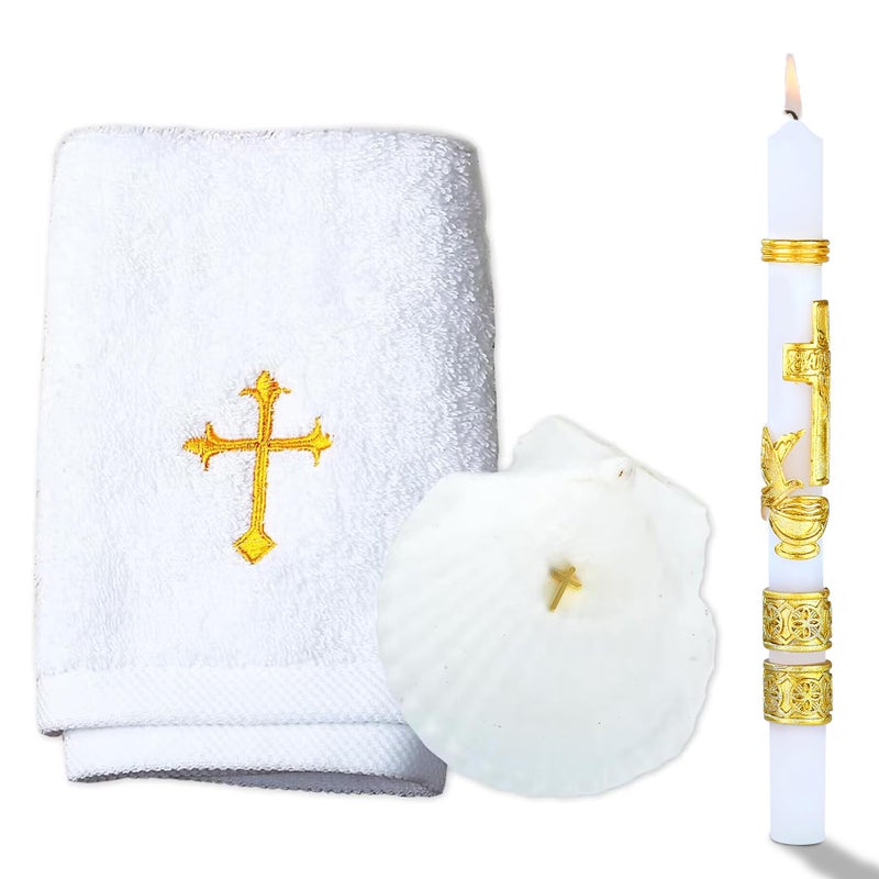 Ohmique Baptism Candle Set for Boys and Girls - Baptism Kit Include Towel, Shell and Baptismal Candle, Velas para bautizo Christening Set Velas para bautizo de niño for Infants Kids - Image 1