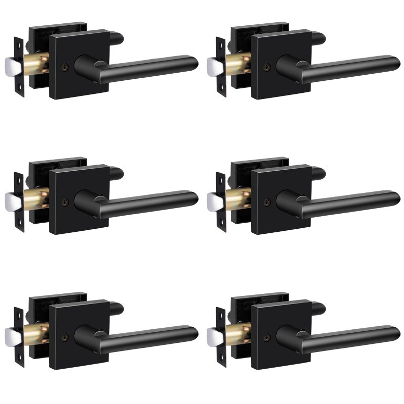 Hosom 6 Pack Passage Door Lever For Closet Hall Heavy Duty Door Handle With Square Plate Left Or Right Handing Levers Door Handles Interior No Locking Matte Black - Image 1