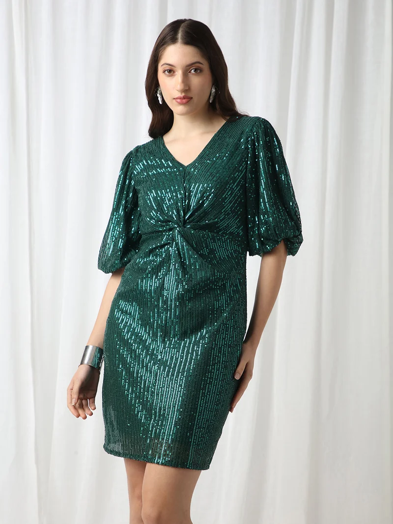 globus Globus Women Green V-Neck Puff Sleeves Embellished Twisted Detail Mini Bodycon Party Dress