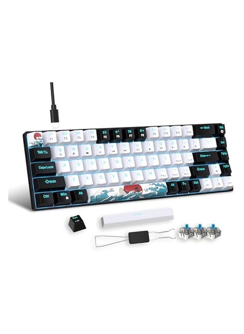 Portable 60% 68 Key Mechanical Gaming Keyboard, Ice Blue Backlight & 19+ Modes,Computer Keyboard Wired Game Keyboard for Windows/Mac IOS/Linux (Black and White, Blue Axis)