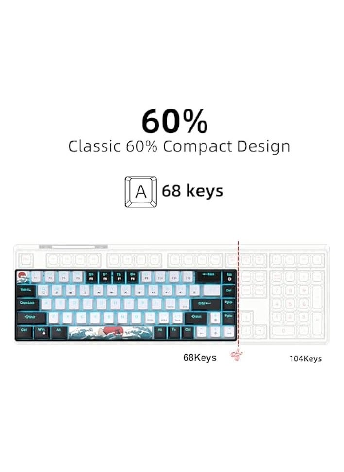 Portable 60% 68 Key Mechanical Gaming Keyboard, Ice Blue Backlight & 19+ Modes,Computer Keyboard Wired Game Keyboard for Windows/Mac IOS/Linux (Black and White, Blue Axis)