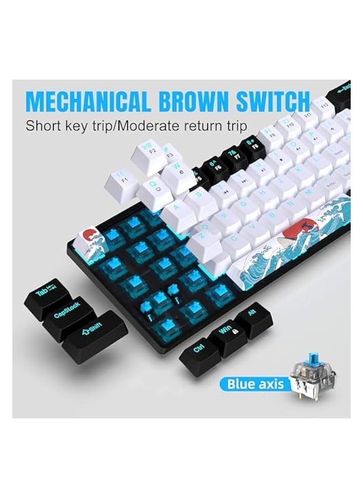 Portable 60% 68 Key Mechanical Gaming Keyboard, Ice Blue Backlight & 19+ Modes,Computer Keyboard Wired Game Keyboard for Windows/Mac IOS/Linux (Black and White, Blue Axis)
