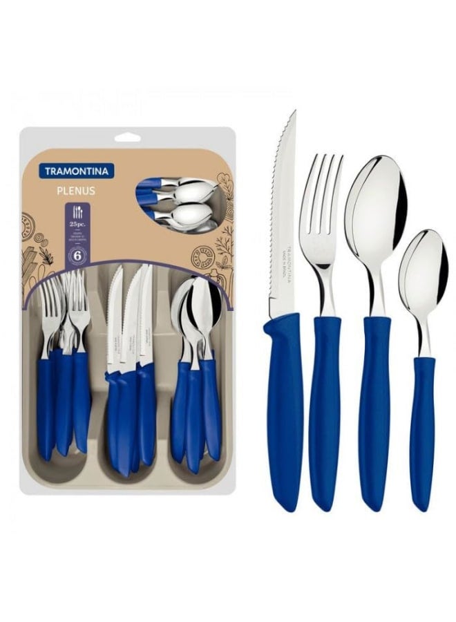 TRAMONTINA TRAMONTINA Plenus 25-Piece Cutlery Set with Blue Handles - Complete Set of Stainless Steel Knives, Forks, and Spoons for Everyday Dining and Entertaining - Designed for High Performance and - Image 1
