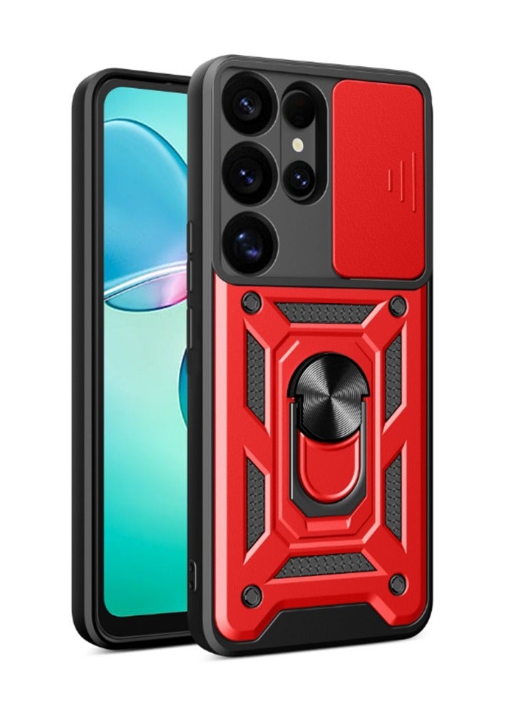 اليشمك غطاء الحالة لسامسونج غالاكسي S25 ألترا , غطاء عدسة الكاميرا الشريحة , حامل الحلقة المغناطيسية كيسكاند حالة هاتف واقية لسامسونج غالاكسي S25 ألترا , أحمر