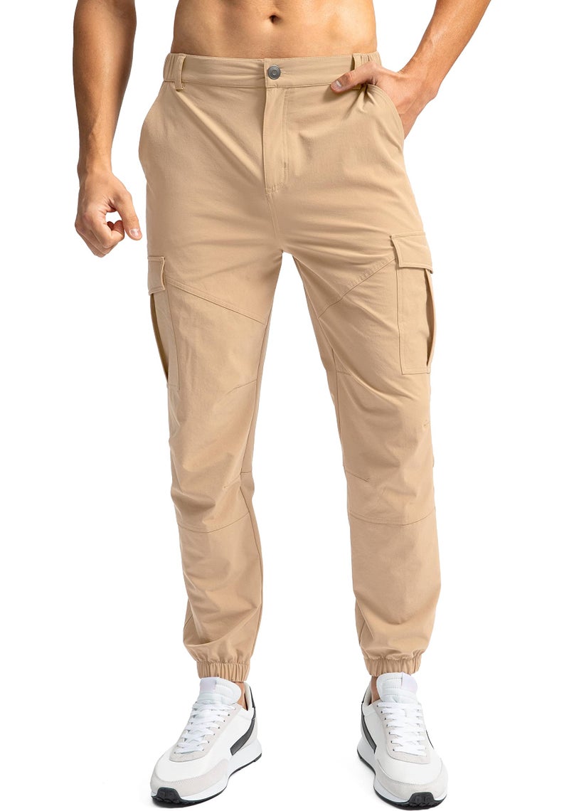 Pinkbomb Men's Hiking Cargo Pants with 7 Pockets Slim Fit Stretch Joggers Golf Cargo Work Pants for Men(Light Khaki, XXL) - Image 1