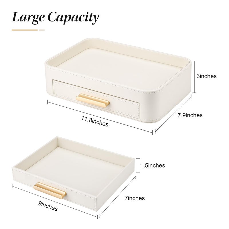 GORESE PU Leather Valet Tray with Drawer, Nightstand Organizer Catch All Tray for Jewelry Perfume Purse Trinket Key Holder, EDC Trays for Desk Vanity Entryway Table, Gift for Women Men, Cream White - Image 3