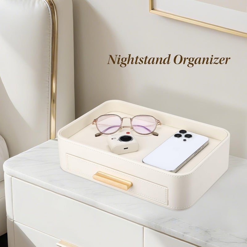 GORESE PU Leather Valet Tray with Drawer, Nightstand Organizer Catch All Tray for Jewelry Perfume Purse Trinket Key Holder, EDC Trays for Desk Vanity Entryway Table, Gift for Women Men, Cream White - Image 4