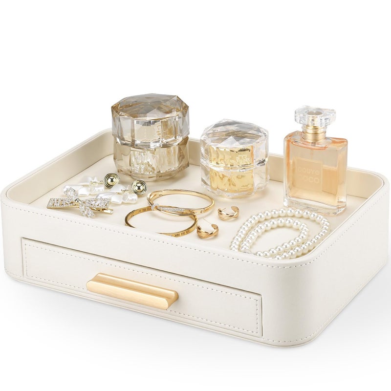 GORESE PU Leather Valet Tray with Drawer, Nightstand Organizer Catch All Tray for Jewelry Perfume Purse Trinket Key Holder, EDC Trays for Desk Vanity Entryway Table, Gift for Women Men, Cream White - Image 1