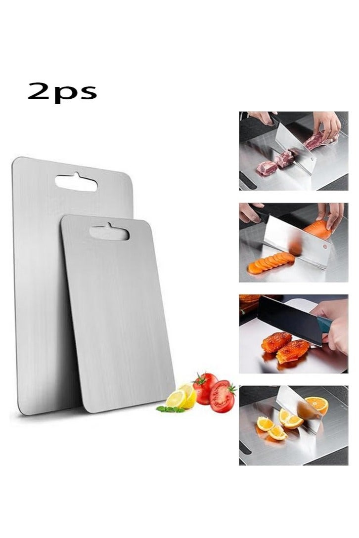 كيلا لوح تقطيع من الفولاذ المقاوم للصدأ 304 للمطبخ واللحوم والفواكه والمعجنات والبيتزا والجبن والخضروات، لوح تقطيع معدني، لوح تقطيع اللحوم مزدوج الجوانب مضاد للانزلاق، لوح العجين (39 * 28 سم) (30 × 20 × 0.1 سم)، لوحان فضيان - Image 1