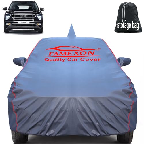 FAMEXON Waterproof Car Body Cover with Mirror Pocket Compatible for Hyundai Creta Triple Layer Inner Fabric & Pipein Design Protects from Animals, Heat, Rainfall (Metallic Silver) - Image 1