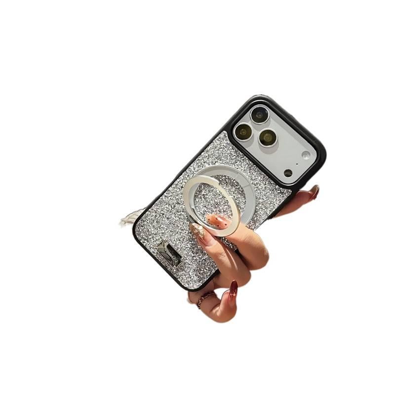 PU Protective Case for iPhone 16 / 16 Plus / 16 Pro / 16 Pro Max with Drop Protection and Full Coverage plus Shockproof plus 360° Rotating Kickstand plus Sparkle Design in Silver - Image 2