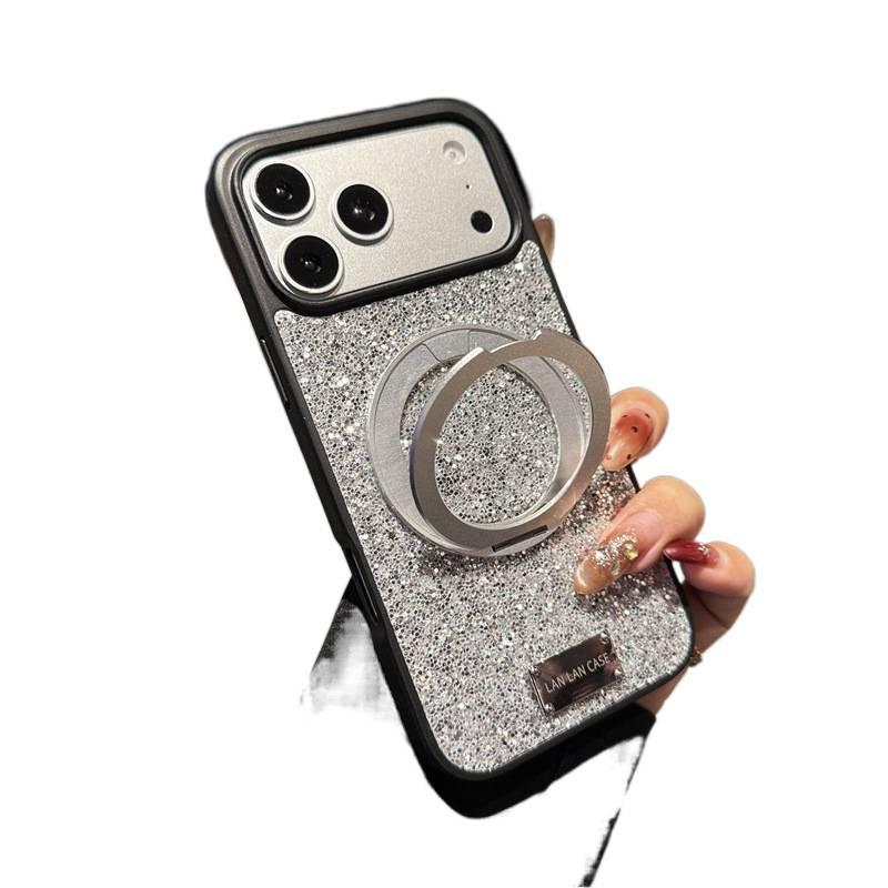 PU Protective Case for iPhone 16 / 16 Plus / 16 Pro / 16 Pro Max with Drop Protection and Full Coverage plus Shockproof plus 360° Rotating Kickstand plus Sparkle Design in Silver - Image 1