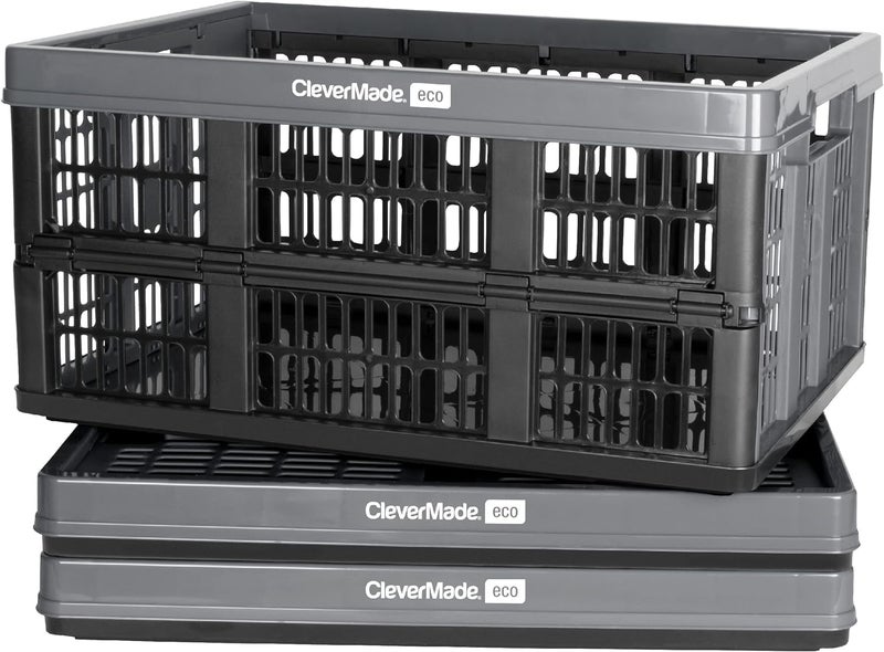 CleverMade Collapsible Utility Crates Stone 3 Pack 45L 11 Gal holds 66 lbs Stackable Containers Heavy Duty Capacity CratesSpaceSaving Baskets