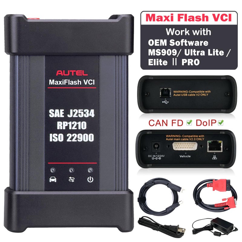 Autel MaxiFlash VCI Kit J2534 Reprogramming Tool J2534 PassThru ECU Programming Tool Support CAN FD 4 CAN Channels DoIP DPDU Autel Bluetooth VCI Works with PC MS909 MS909EV MS909CV