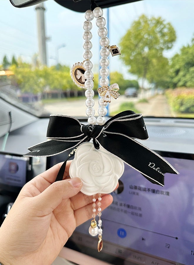 Golden Rose Flower Shape Car Ornaments Car Interior Mirror Ornaments Car Diamond Rearview Mirror Accessories Car Hanging Ornament White  Car Air Freshener, Car Perfume Pendant, Long Lasting Scented Ceramic Stone for Wardrobe, Closets, Bathroom, Smell Good for Car, Scented Gift for Women Men - Image 1