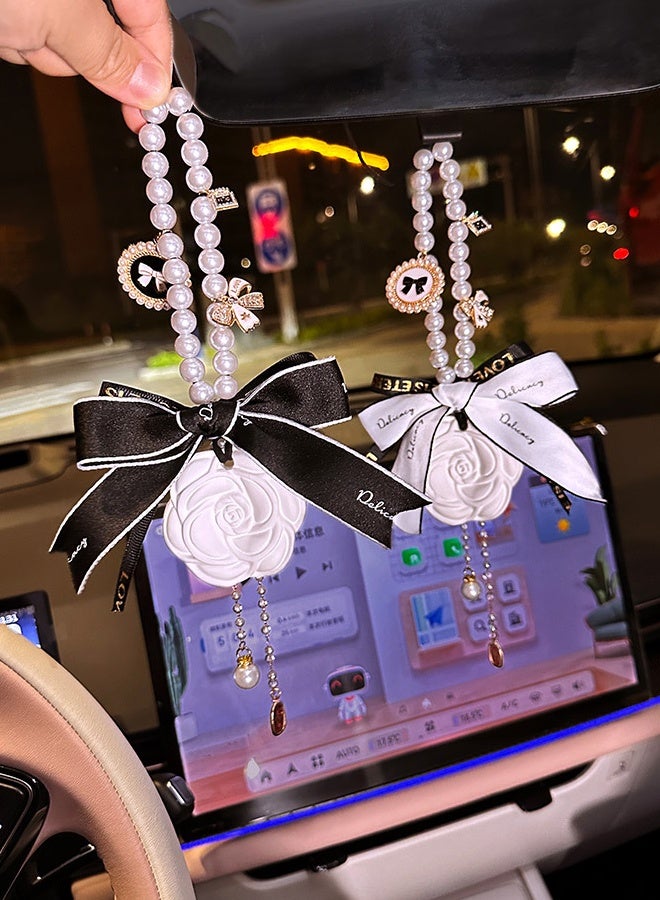 Golden Rose Flower Shape Car Ornaments Car Interior Mirror Ornaments Car Diamond Rearview Mirror Accessories Car Hanging Ornament White  Car Air Freshener, Car Perfume Pendant, Long Lasting Scented Ceramic Stone for Wardrobe, Closets, Bathroom, Smell Good for Car, Scented Gift for Women Men - Image 5