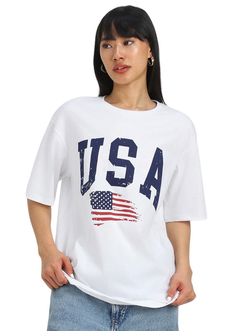 JUNEBERRY® Women's Casual Pure Cotton White Printed Round Neck, Longline Drop Shoulder Loose Oversized T-Shirt |Oversized Tshirt for Women/Girl (GL_OS_USA_WT_L) - Image 1