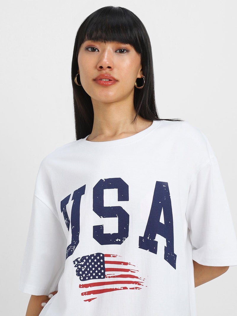 JUNEBERRY® Women's Casual Pure Cotton White Printed Round Neck, Longline Drop Shoulder Loose Oversized T-Shirt |Oversized Tshirt for Women/Girl (GL_OS_USA_WT_L) - Image 3