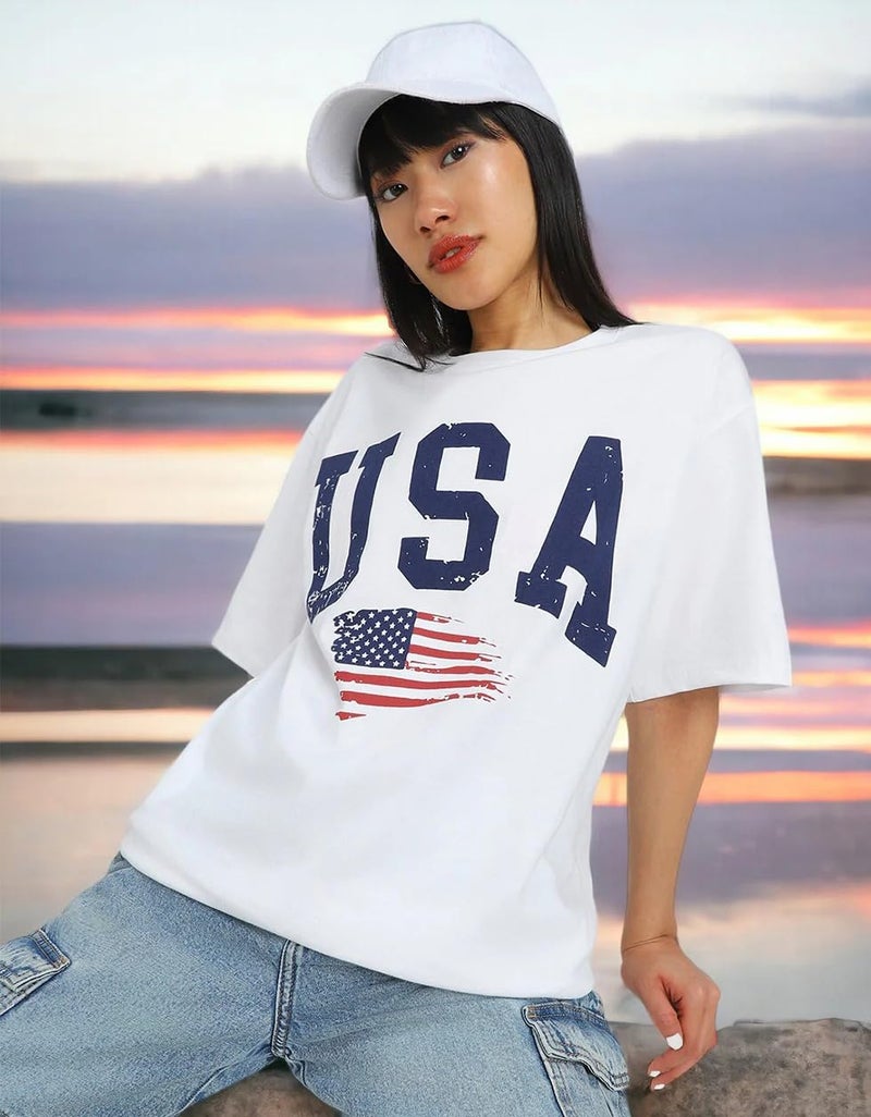 JUNEBERRY® Women's Casual Pure Cotton White Printed Round Neck, Longline Drop Shoulder Loose Oversized T-Shirt |Oversized Tshirt for Women/Girl (GL_OS_USA_WT_L) - Image 2