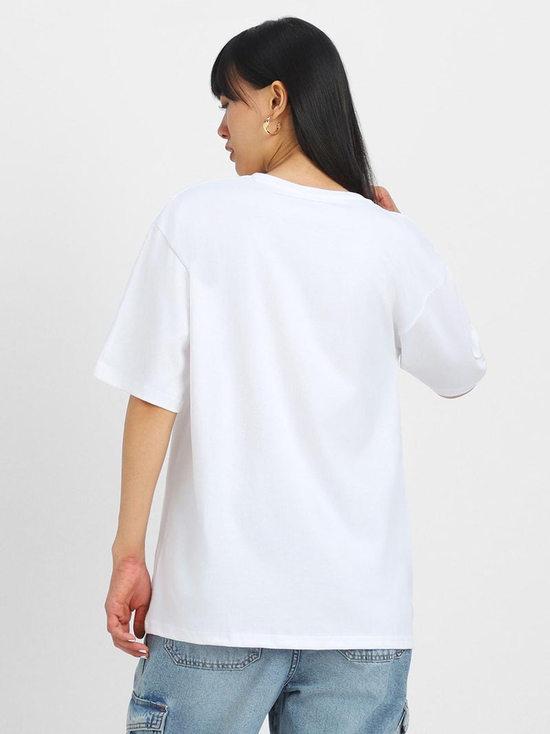 JUNEBERRY® Women's Casual Pure Cotton White Printed Round Neck, Longline Drop Shoulder Loose Oversized T-Shirt |Oversized Tshirt for Women/Girl (GL_OS_USA_WT_L) - Image 4