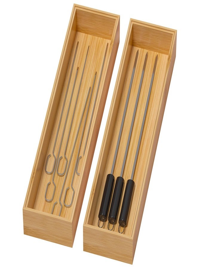 Lixple Bamboo Drawer Organizer, Narrow Stackable Cutlery Tray for Kitchen, 2 Pcs Silverware & Utensil Box, 12" x 3" x 2" (Outer), 11.3" x 2.3" x 1.77" (Inner) - Image 1