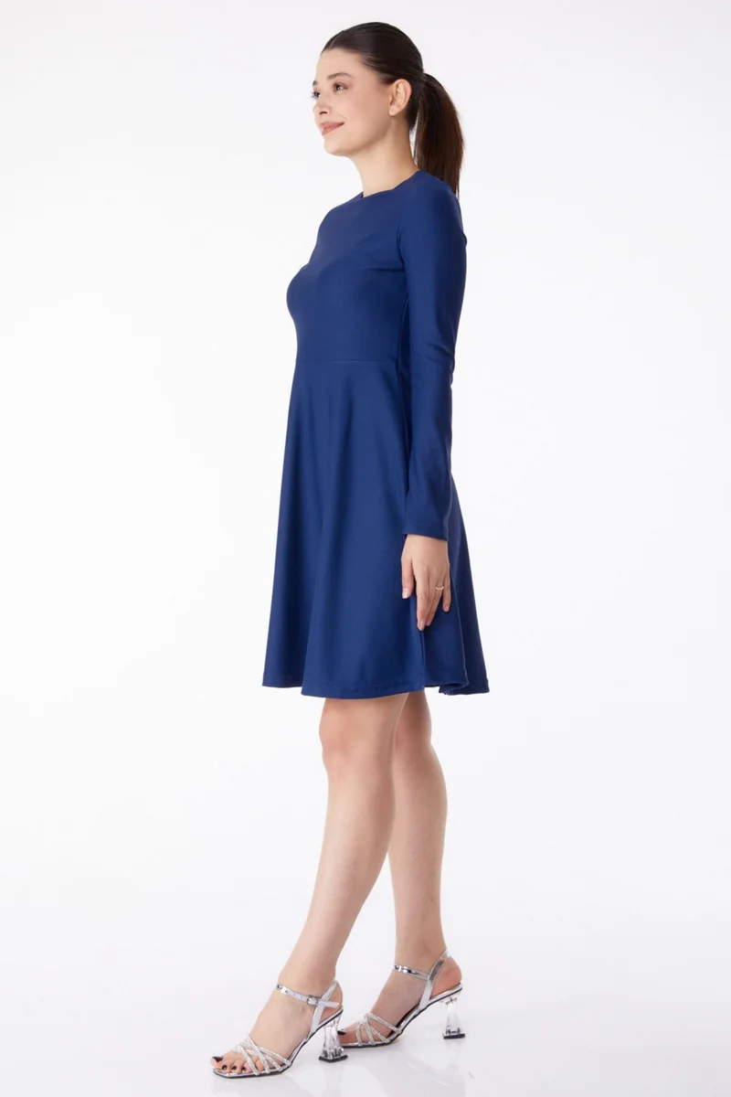 Tofisa Plain Crew Neck Women's Navy Blue Mini Evening Dress - 13191