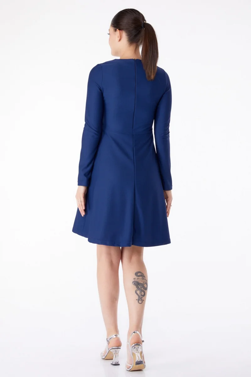Tofisa Plain Crew Neck Women's Navy Blue Mini Evening Dress - 13191