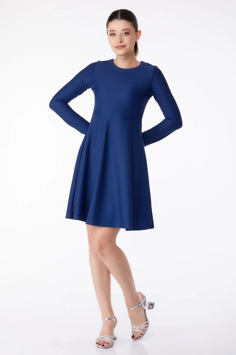 Tofisa Plain Crew Neck Women's Navy Blue Mini Evening Dress - 13191