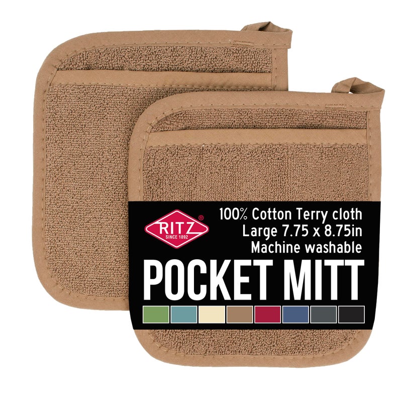 Ritz Terry Pocket Mitt & Hot Pad: Unparalleled Heat Resistant  Durable 100% Cotton - Ergonomically Designed for Optimal Grip - Easy-Care Machine Washable  Perfect for Your Kitchen - Mocha Brown  2-Pk - Image 1
