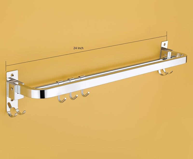 iSTAR Stainless Steel Folding Towel Rod with Hooks Towel Rack Towel Bar Hanger for Bathroom and Kitchen - Image 3