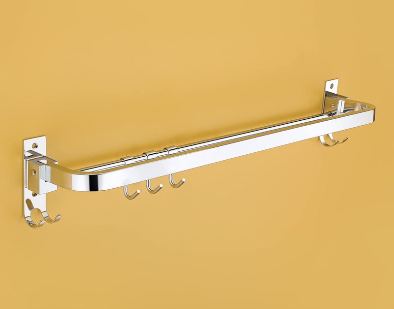 iSTAR Stainless Steel Folding Towel Rod with Hooks Towel Rack Towel Bar Hanger for Bathroom and Kitchen - Image 1