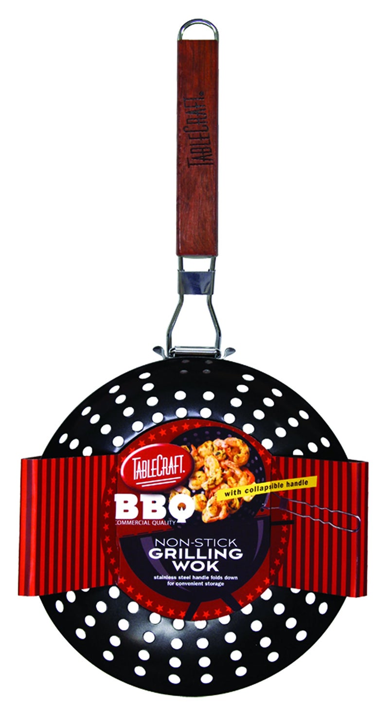 TableCraft BBQ Nonstick Grill Wok with Wood Handle Small Steel