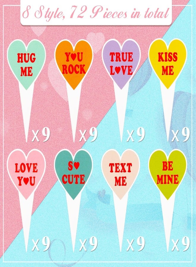 Chinco 72 Pieces Valentine Conversation Heart Cupcake Toppers Kiss Me Hug Me True Love Candy Cake Toppers Picks for Girls Birthday Valentine Theme Party Supplies Decorations, 8 Styles - Image 2