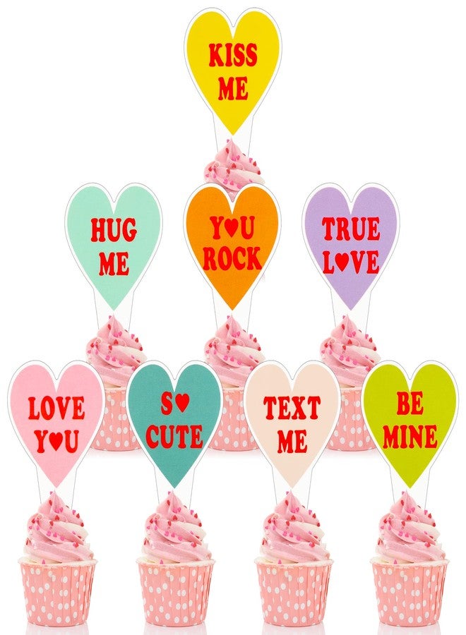 Chinco 72 Pieces Valentine Conversation Heart Cupcake Toppers Kiss Me Hug Me True Love Candy Cake Toppers Picks for Girls Birthday Valentine Theme Party Supplies Decorations, 8 Styles - Image 1