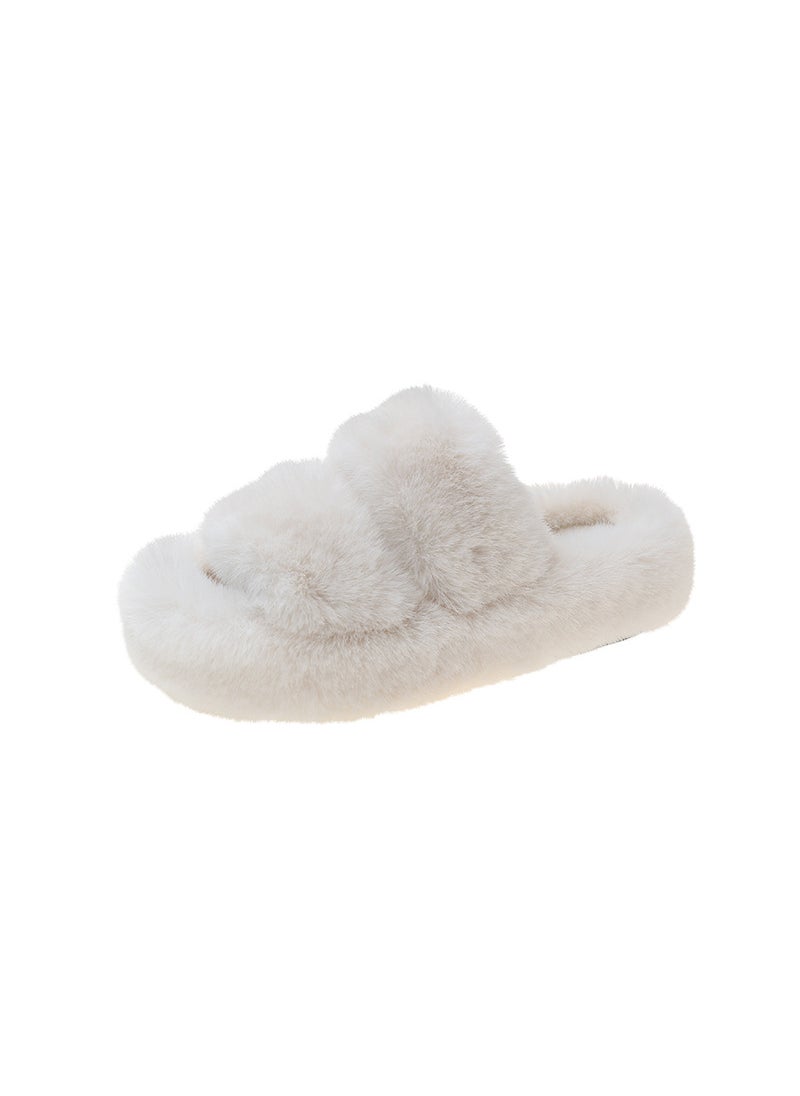Generic Womens Thick-Soled Slippers Double Row Inner Warm Plush Slippers 2024 Korean Style Autumn/Winter Fur Slippers Rubber Upper Creamy-white 