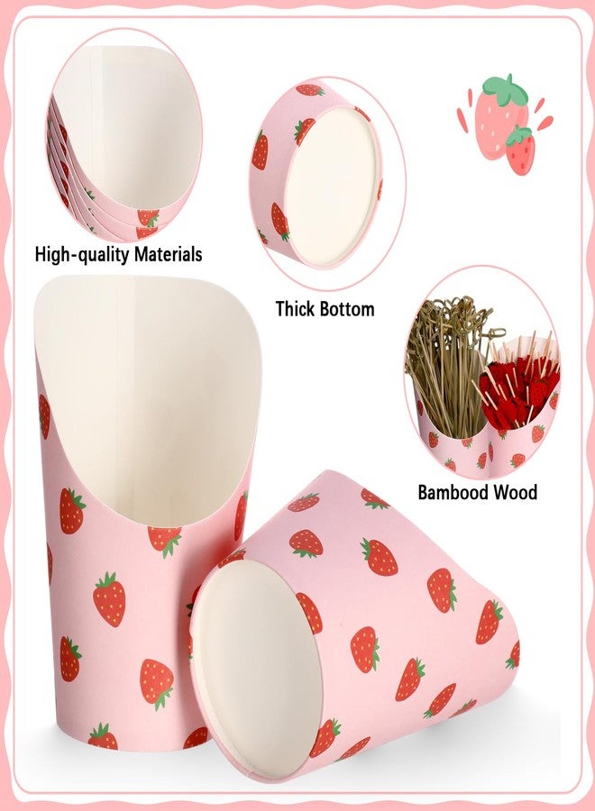 Meanplan 50 Pcs Strawberry Charcuterie Cups with 200 Pcs Cocktail Sticks 14 oz Disposable Snack Cups Strawberry Baby Shower Berry First Birthday Party Supplies for Appetizers French Fry Fruit - Image 3