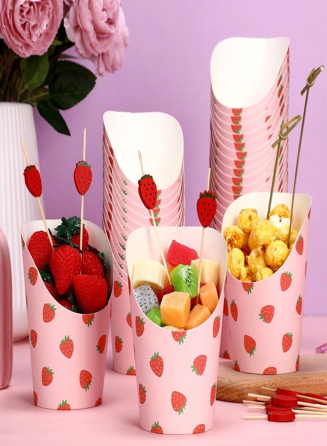 Meanplan 50 Pcs Strawberry Charcuterie Cups with 200 Pcs Cocktail Sticks 14 oz Disposable Snack Cups Strawberry Baby Shower Berry First Birthday Party Supplies for Appetizers French Fry Fruit - Image 5