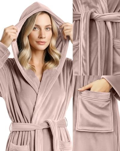 NY Threads روب نسائي فاخر من NY Threads مع غطاء رأس، روب استحمام طويل من الفليس الناعم للنساء، روب استحمام ناعم ورقيق للنساء، صغير، بني فاتح - Image 3