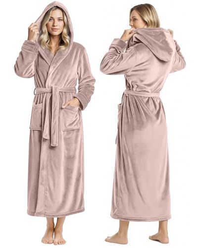NY Threads روب نسائي فاخر من NY Threads مع غطاء رأس، روب استحمام طويل من الفليس الناعم للنساء، روب استحمام ناعم ورقيق للنساء، صغير، بني فاتح - Image 1