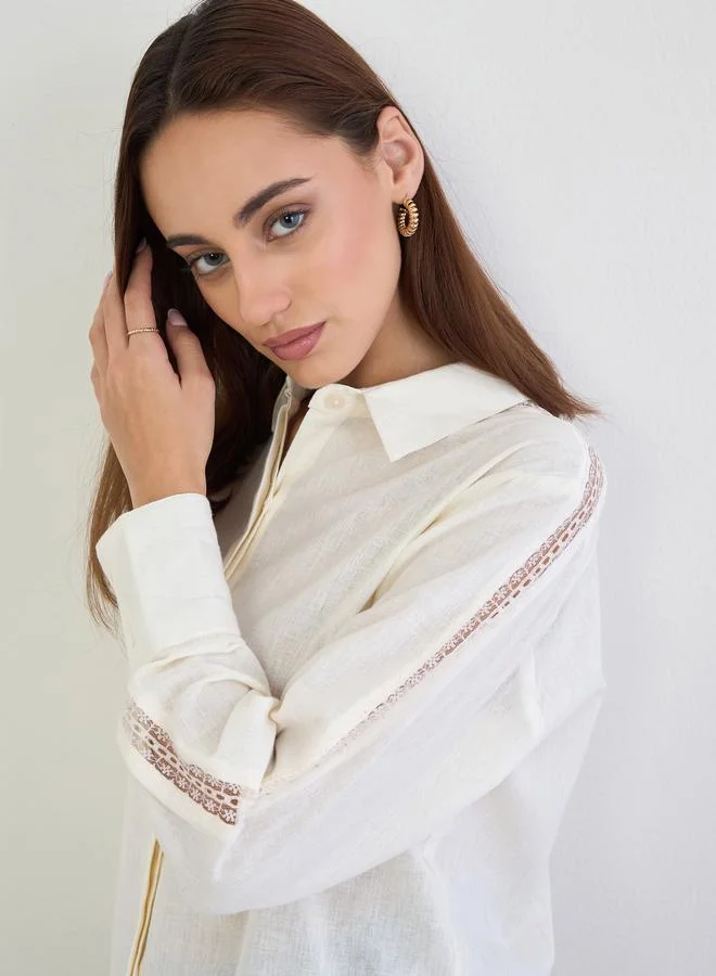 Styli Lace Cutwork Detail Cotton Linen Shirt