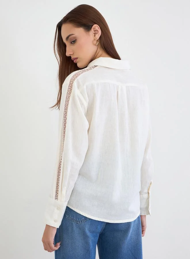 Styli Lace Cutwork Detail Cotton Linen Shirt