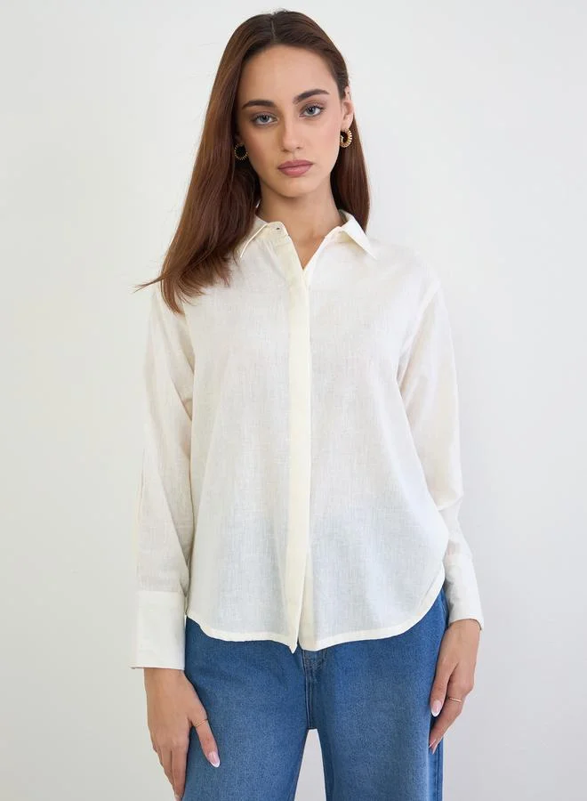 Styli Lace Cutwork Detail Cotton Linen Shirt